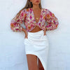 TRAF 2023 Knot Floral Top Women Vintage Print Crop Top Female Long Puff Sleeve Summer Blouses Beach Chic Woman Blouse