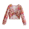 TRAF 2023 Knot Floral Top Women Vintage Print Crop Top Female Long Puff Sleeve Summer Blouses Beach Chic Woman Blouse