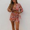 TRAF 2023 Knot Floral Top Women Vintage Print Crop Top Female Long Puff Sleeve Summer Blouses Beach Chic Woman Blouse