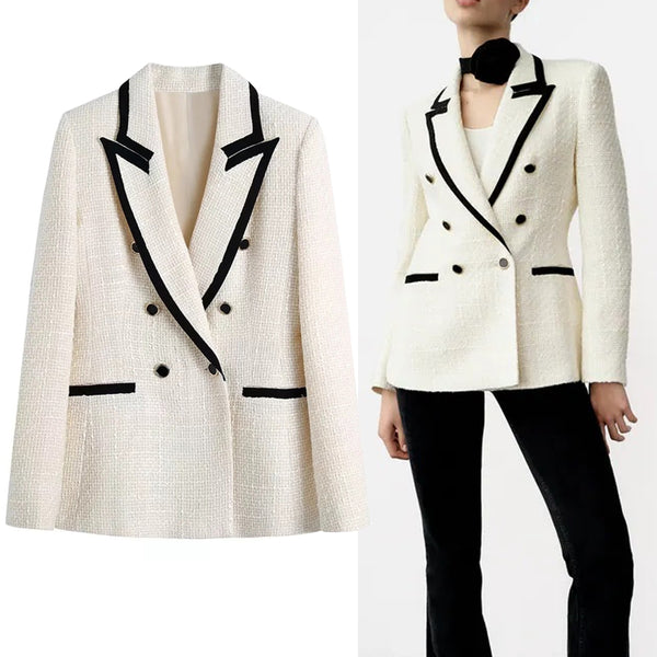 TRAF 2023 Tweed Suit Double Breasted Blazer Woman Fitted Coat Contrast Piping Long Sleeve Autumn Button Elegant Female Blazer