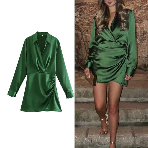 TRAF 2022 Za Dress Autumn Solid Color Mini Dress Woman Casual Retro Long Sleeve Party Dresses