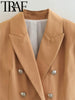 TRAF 2023 Autumn Women Blazer Vintage Double Breasted Flap Pocket Slim Office Lady Suit Jacket Female Chic Elegant Coat Khaki