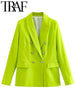 TRAF 2023 Autumn Women Blazer Vintage Double Breasted Flap Pocket Slim Office Lady Suit Jacket Female Chic Elegant Coat Khaki