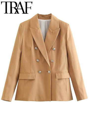 TRAF 2023 Autumn Women Blazer Vintage Double Breasted Flap Pocket Slim Office Lady Suit Jacket Female Chic Elegant Coat Khaki