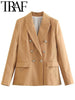 TRAF 2023 Autumn Women Blazer Vintage Double Breasted Flap Pocket Slim Office Lady Suit Jacket Female Chic Elegant Coat Khaki