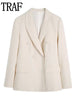 TRAF 2023 Beige Blazer Women Office Casual Long Sleeve Fitted Coat Elegant Female Blazer Double Breasted Button Jackets Woman