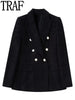 TRAF 2023 Black Double Breasted Blazer Women Blue Pink Elegant Female Blazer Autumn Office Wear Long Sleeve Tweed Jacket