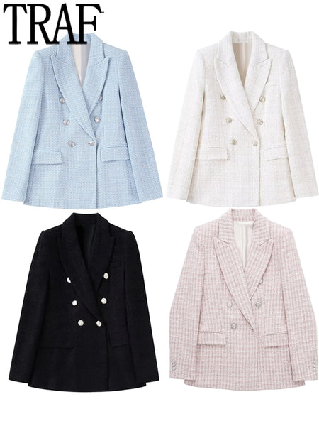 TRAF 2023 Black Double Breasted Blazer Women Blue Pink Elegant Female Blazer Autumn Office Wear Long Sleeve Tweed Jacket