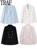 TRAF 2023 Black Double Breasted Blazer Women Blue Pink Elegant Female Blazer Autumn Office Wear Long Sleeve Tweed Jacket