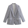 TRAF  2023 Blue Striped Linen-blend Blazer With Pockets Women Casual Blazer Woman Office Elegant Female Suit Jacket