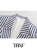 TRAF  2023 Blue Striped Linen-blend Blazer With Pockets Women Casual Blazer Woman Office Elegant Female Suit Jacket