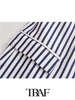 TRAF  2023 Blue Striped Linen-blend Blazer With Pockets Women Casual Blazer Woman Office Elegant Female Suit Jacket