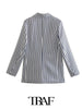 TRAF  2023 Blue Striped Linen-blend Blazer With Pockets Women Casual Blazer Woman Office Elegant Female Suit Jacket
