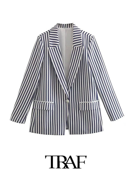TRAF  2023 Blue Striped Linen-blend Blazer With Pockets Women Casual Blazer Woman Office Elegant Female Suit Jacket