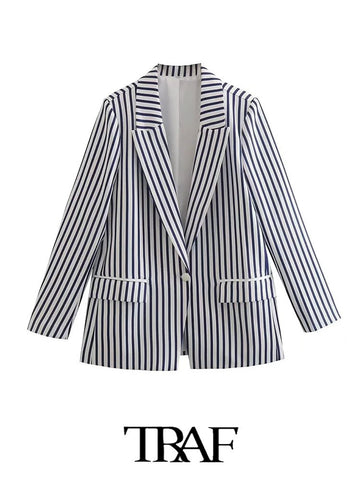 TRAF  2023 Blue Striped Linen-blend Blazer With Pockets Women Casual Blazer Woman Office Elegant Female Suit Jacket