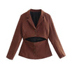 TRAF  2023 Brown Open Blazer Women  Casual Blazer Woman Office Elegant Female Suit Breasted Long Sleeve Jacket