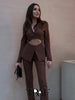 TRAF  2023 Brown Open Blazer Women  Casual Blazer Woman Office Elegant Female Suit Breasted Long Sleeve Jacket