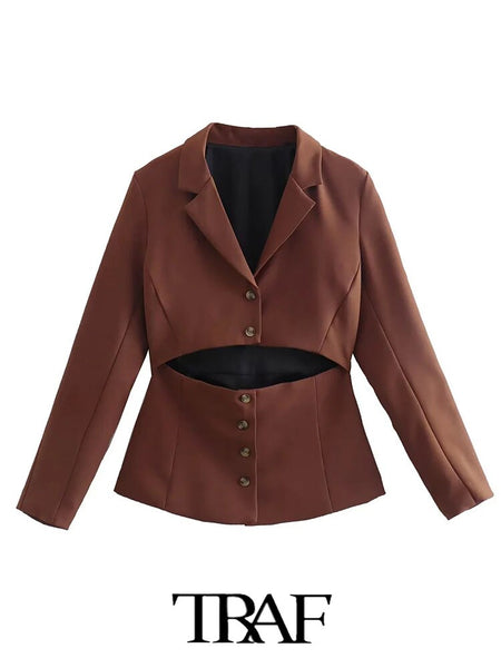 TRAF  2023 Brown Open Blazer Women  Casual Blazer Woman Office Elegant Female Suit Breasted Long Sleeve Jacket