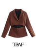 TRAF  2023 Brown Open Blazer Women  Casual Blazer Woman Office Elegant Female Suit Breasted Long Sleeve Jacket