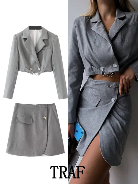 TRAF  2023 2 Pieces Sets Women Cropped ButtonPull Ring Design Blazer + Mini Skirt Set Woman Casual Sets