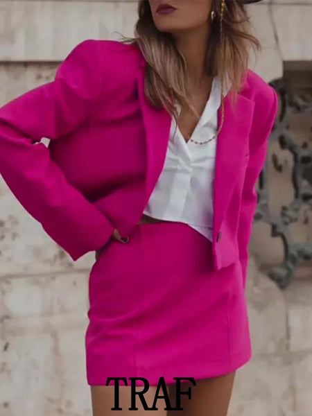 TRAF  2023 2 Pieces Sets Women Cropped Single Button Long Sleeve Blazer Coat + Slim Mini Short Skirts Causal Sets