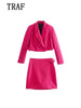 TRAF  2023 2 Pieces Women Cropped Button Blazer+Mini Skirt Set Pink Jacket Coat+Mini Skirt Woman Sets