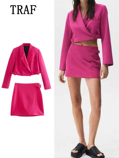 TRAF  2023 2 Pieces Women Cropped Button Blazer+Mini Skirt Set Pink Jacket Coat+Mini Skirt Woman Sets