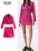 TRAF  2023 2 Pieces Women Cropped Button Blazer+Mini Skirt Set Pink Jacket Coat+Mini Skirt Woman Sets