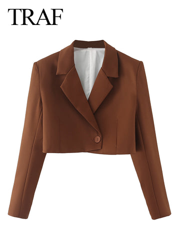 TRAF 2023 Solid Brown Coffee Color Suit Collar Blazer Jacket Slim Commuter Daily Long-sleeved Short Jacket Top Women