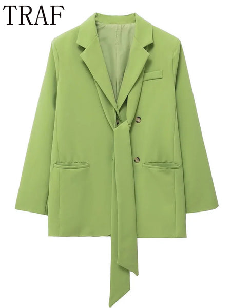 TRAF 2023 Green Blazer Set Women Casual Long Sleeve Belts Blazer Loose Lapel Collar Button Spring Jackets Woman Elegant Blazer