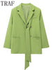 TRAF 2023 Green Blazer Set Women Casual Long Sleeve Belts Blazer Loose Lapel Collar Button Spring Jackets Woman Elegant Blazer