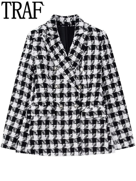 TRAF 2023 Houndstooth Plaid Blazer Woman Black White Tweed Jacket Female Double Breasted Blazer Women Long Sleeve Autumn Jacket