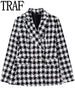 TRAF 2023 Houndstooth Plaid Blazer Woman Black White Tweed Jacket Female Double Breasted Blazer Women Long Sleeve Autumn Jacket