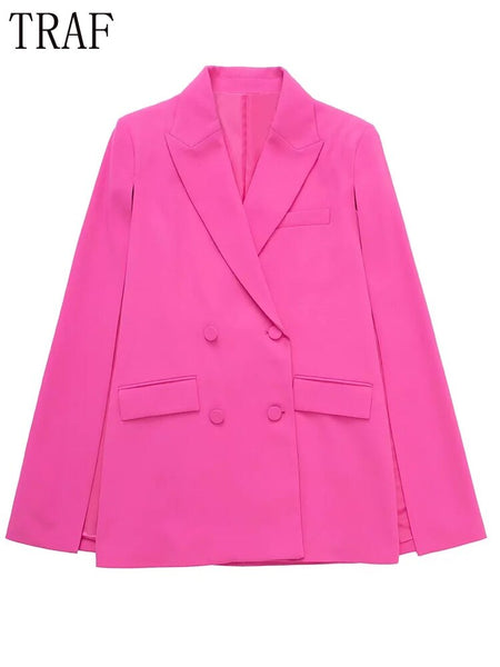 TRAF 2023 Pink Cape Blazer Woman Cut Out Sleeve Blazer Set Women Double Breasted Jacket Lapel Collar Female Suit
