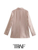 TRAF  2023 Pocket Pink Stripe Casual Blazer Women Casual Blazer Woman Office Elegant Female Suit Jacket