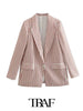 TRAF  2023 Pocket Pink Stripe Casual Blazer Women Casual Blazer Woman Office Elegant Female Suit Jacket