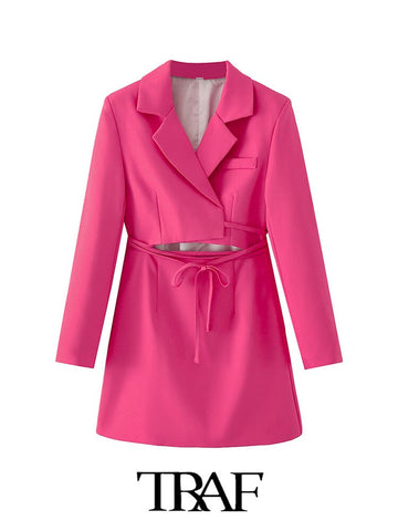 TRAF  2023 Sexy Rose Red Personality Design Hollow Tie Blazer Women Casual Blazer Woman Office Elegant Female Suit Jacket