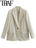 TRAF 2023 Spring Women Casual Office Lady Suit Jacket Long Sleeve Pockets Single Button Blazer Femme Pink Beige Coat