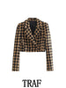 TRAF  2023 Woman 2 Pieces Sets Plaid Texture Cropped Double Breasted Blazer Coat + Mini A-Line Skirt Causal Sets