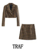 TRAF  2023 Woman 2 Pieces Sets Plaid Texture Cropped Double Breasted Blazer Coat + Mini A-Line Skirt Causal Sets