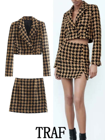 TRAF  2023 Woman 2 Pieces Sets Plaid Texture Cropped Double Breasted Blazer Coat + Mini A-Line Skirt Causal Sets