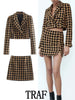 TRAF  2023 Woman 2 Pieces Sets Plaid Texture Cropped Double Breasted Blazer Coat + Mini A-Line Skirt Causal Sets