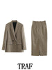 TRAF 2023 Woman 2 Pieces Sets Plaid Texture Double Breasted Blazer Coat + Straight A-Line Long Skirt Causal Autumn Sets