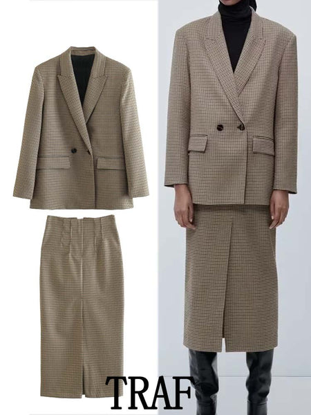 TRAF 2023 Woman 2 Pieces Sets Plaid Texture Double Breasted Blazer Coat + Straight A-Line Long Skirt Causal Autumn Sets