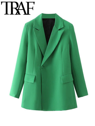 TRAF 2023  Woman Casual Coats Spring Long Sleeve Notched Collar Chic Design Single Button Loose Blazers Green Jacket