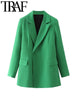TRAF 2023  Woman Casual Coats Spring Long Sleeve Notched Collar Chic Design Single Button Loose Blazers Green Jacket