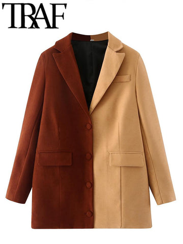 TRAF 2023  Woman Casual Coats Spring Notched Collar Single Breasted Two Tone Blazers Female Patchwork Long Jacket