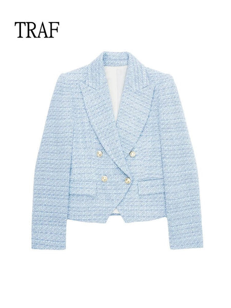 TRAF 2023 Women Blazers Vintage Tweed Jacket Double Breasted Long Sleeve Top Elegant Female Blazer Outerwear Chic Female Suit