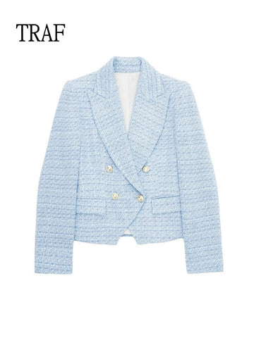 TRAF 2023 Women Blazers Vintage Tweed Jacket Double Breasted Long Sleeve Top Elegant Female Blazer Outerwear Chic Female Suit