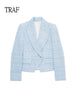 TRAF 2023 Women Blazers Vintage Tweed Jacket Double Breasted Long Sleeve Top Elegant Female Blazer Outerwear Chic Female Suit